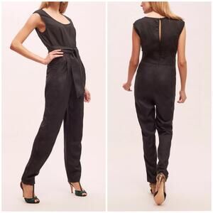 Anthropologie Maeve 8 Black Linen Blend Jumpsuit Tie Waist Pockets Sleeveless